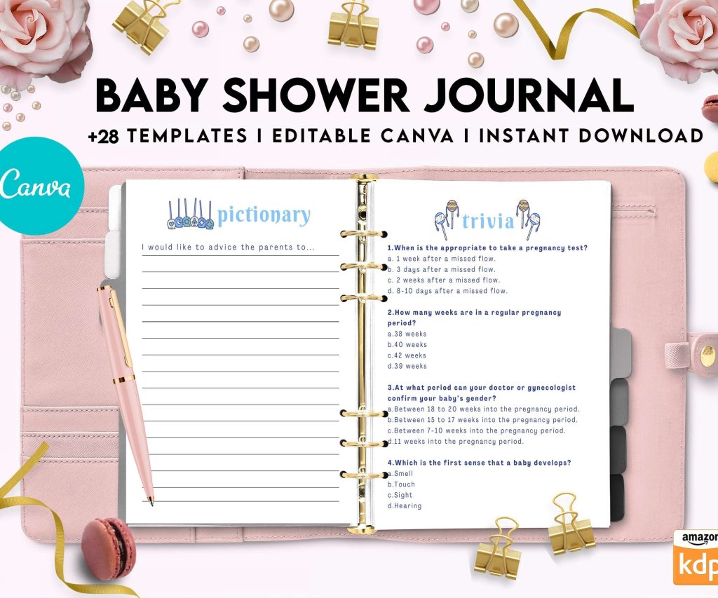 Baby Shower Journal, anxiety therapy journal, Self care journal, mindfulness, self love journal, wellness journal Canva Editable Templates