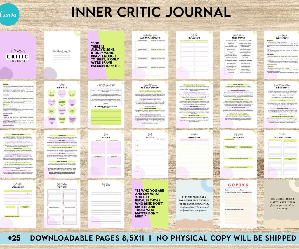 Inner Critic Journal, self discovery,self esteem, Limiting Beliefs Canva Editable Templates