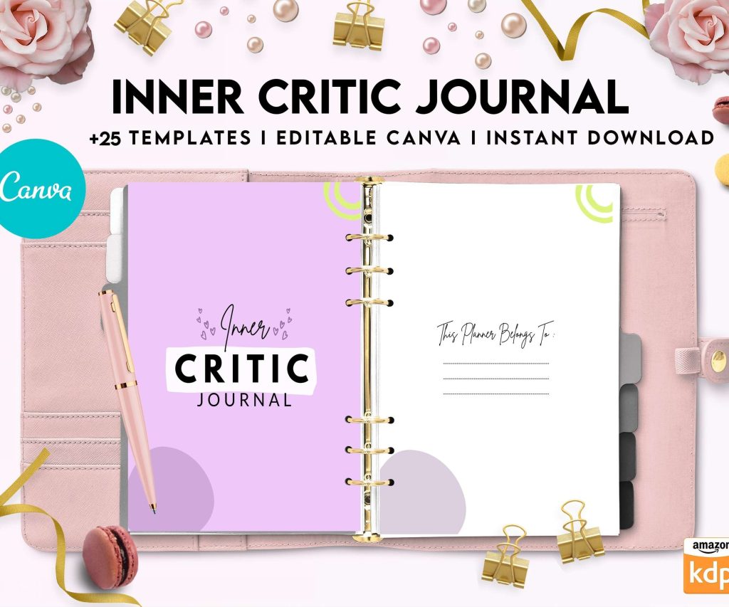 Inner Critic Journal, self discovery,self esteem, Limiting Beliefs Canva Editable Templates