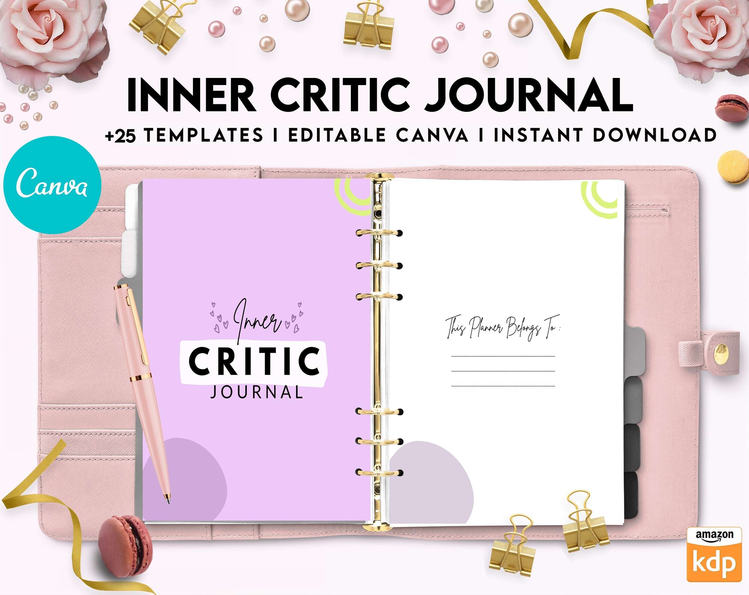 Inner Critic Journal, self discovery,self esteem, Limiting Beliefs Canva Editable Templates