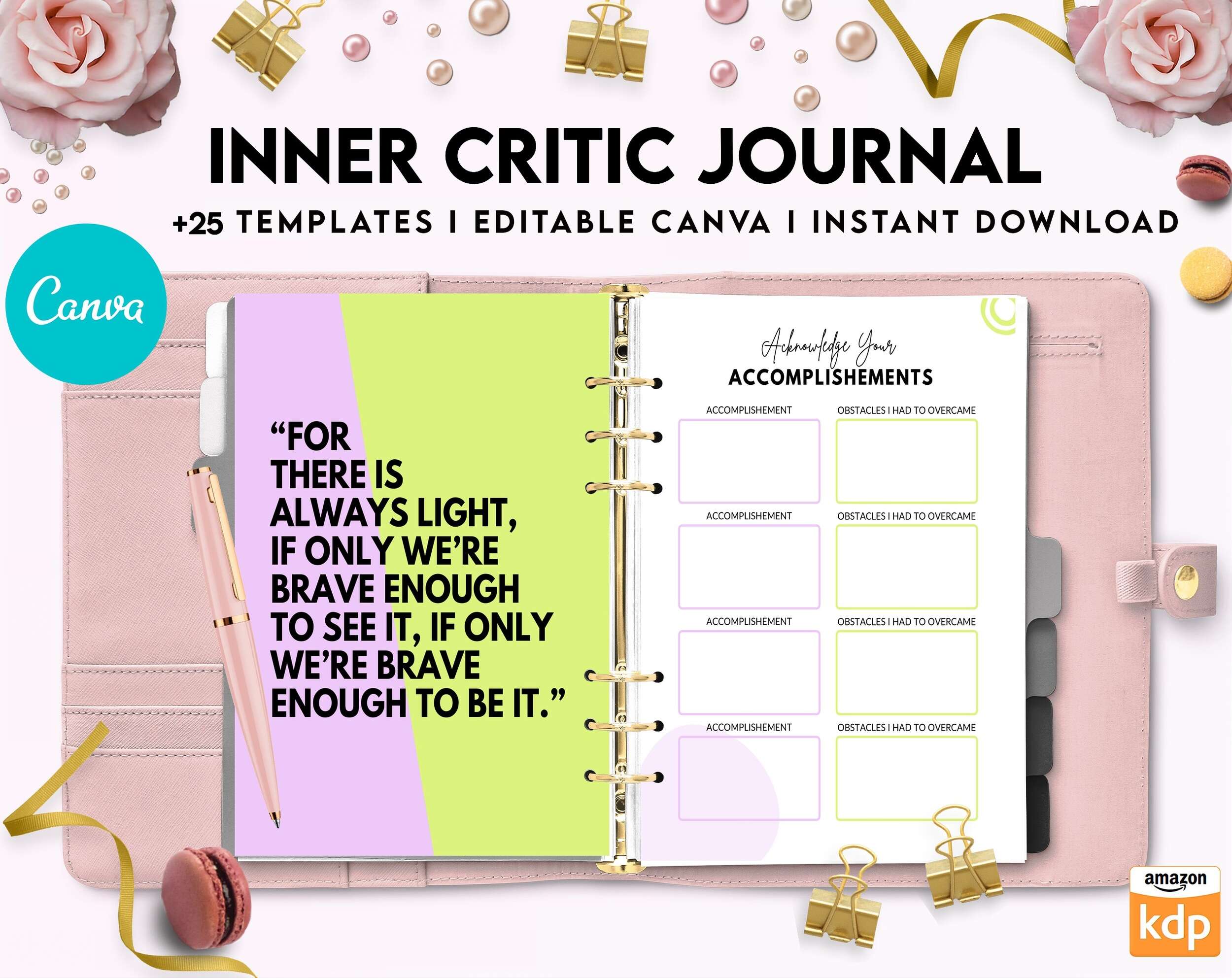 Inner Critic Journal, self discovery,self esteem, Limiting Beliefs Canva Editable Templates