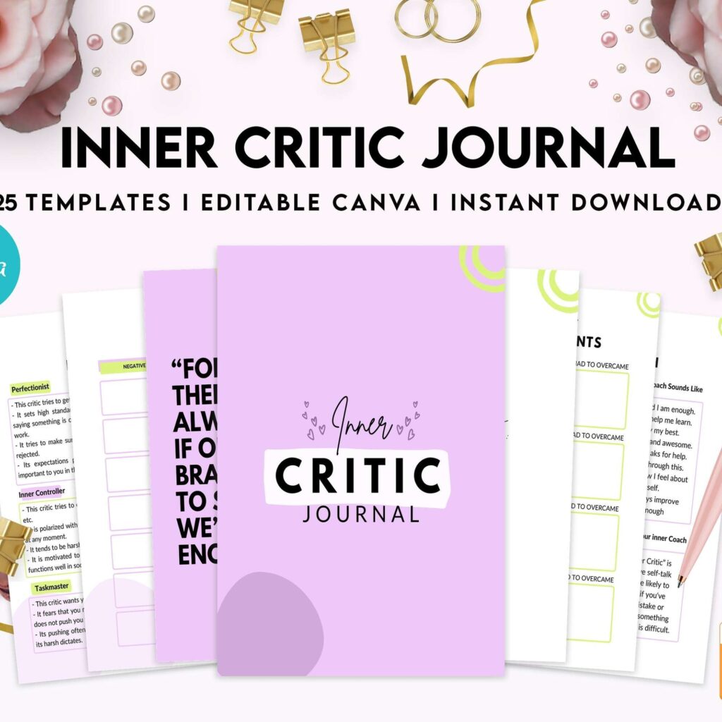 Inner Critic Journals, self discovery,self esteem, Limiting Beliefs Canva Editable Templates