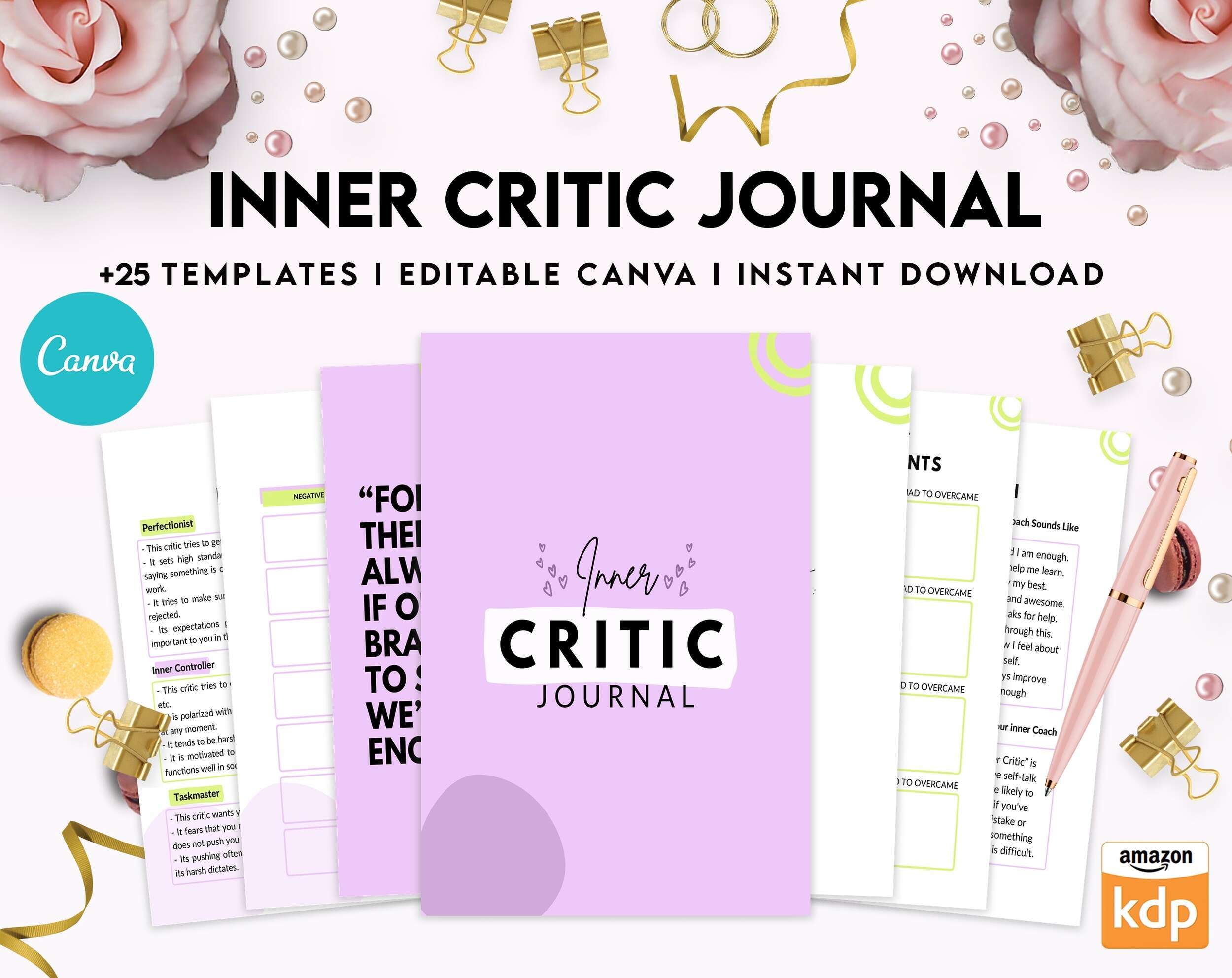 Inner Critic Journals, self discovery,self esteem, Limiting Beliefs Canva Editable Templates