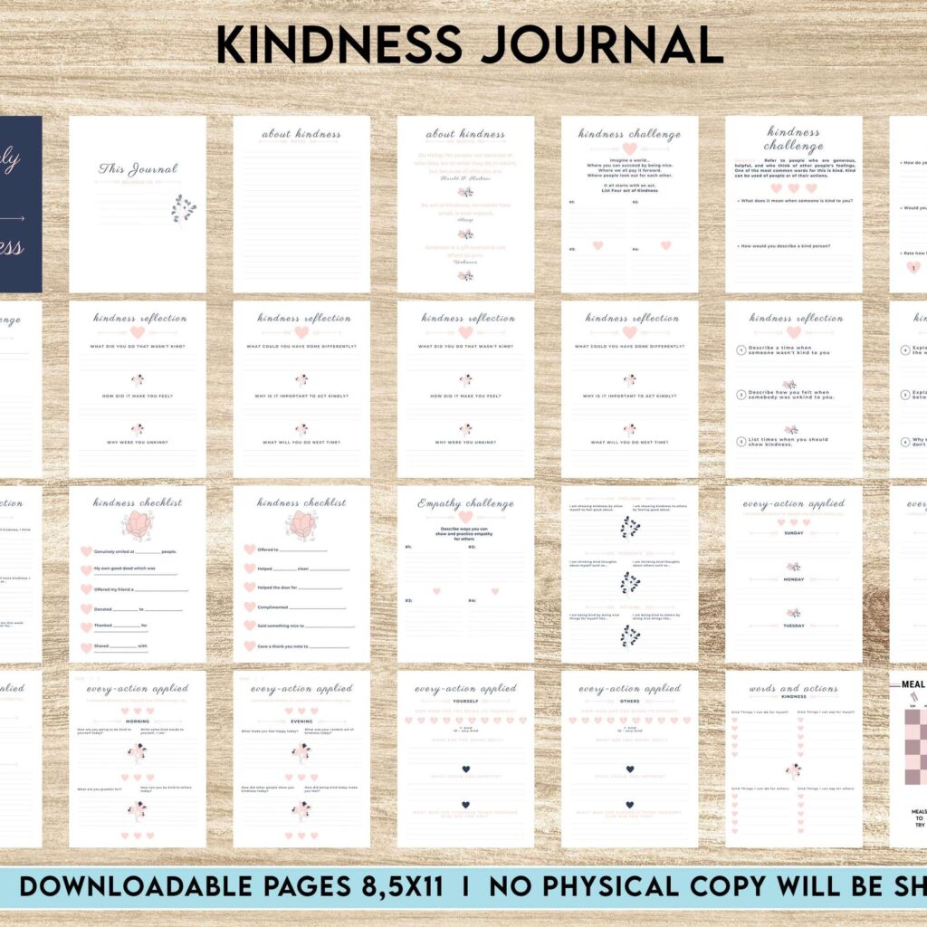Kindness Journal, act of kindness, therapy journal , self discovery, self esteem, Canva Editable Templates
