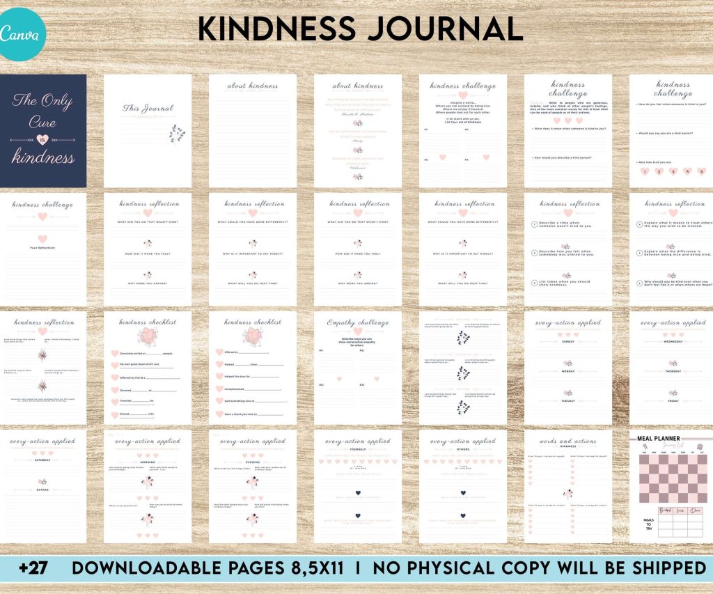 Kindness Journal, act of kindness, therapy journal , self discovery, self esteem, Canva Editable Templates