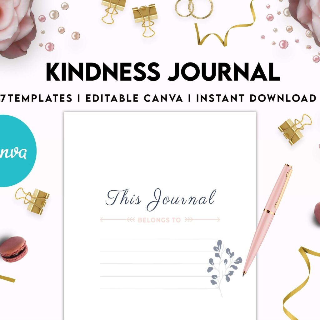Kindness Journal, act of kindness, therapy journal , self discovery, self esteem, Canva Editable Templates