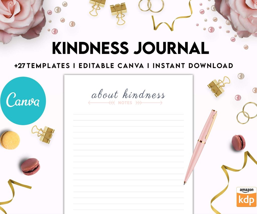 Kindness Journal, act of kindness, therapy journal , self discovery, self esteem, Canva Editable Templates