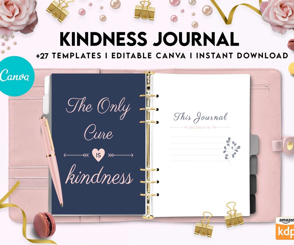 Kindness Journal, act of kindness, therapy journal , self discovery, self esteem, Canva Editable Templates