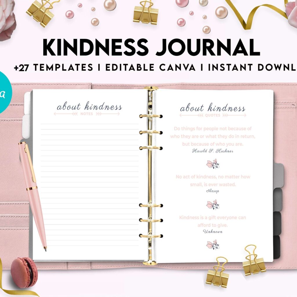Kindness Journal, act of kindness, therapy journal , self discovery, self esteem, Canva Editable Templates