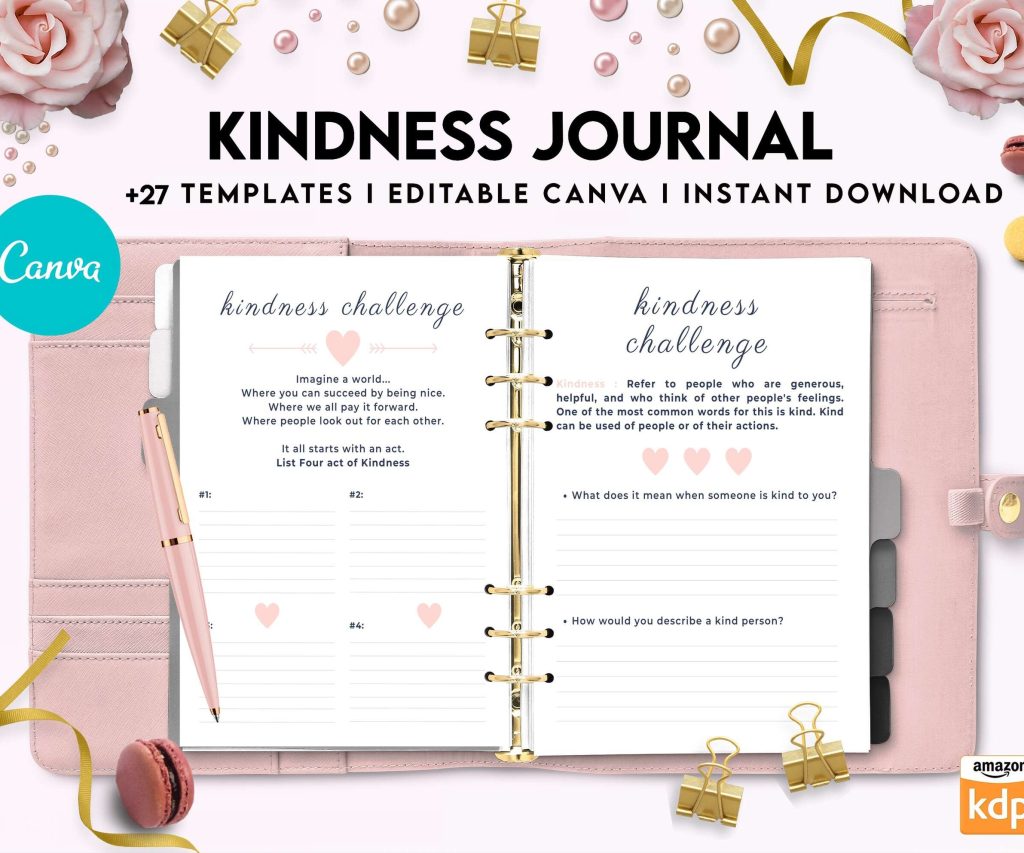 Kindness Journal, act of kindness, therapy journal , self discovery, self esteem, Canva Editable Templates