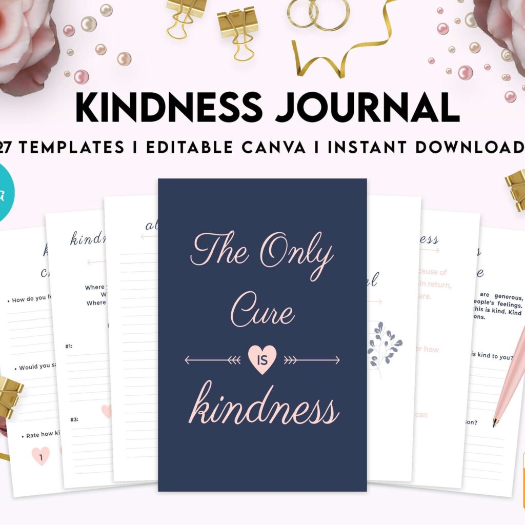 Love Kindness Kindness Journal, act of kindness, therapy journal , self discovery, self esteem, Canva Editable Templates