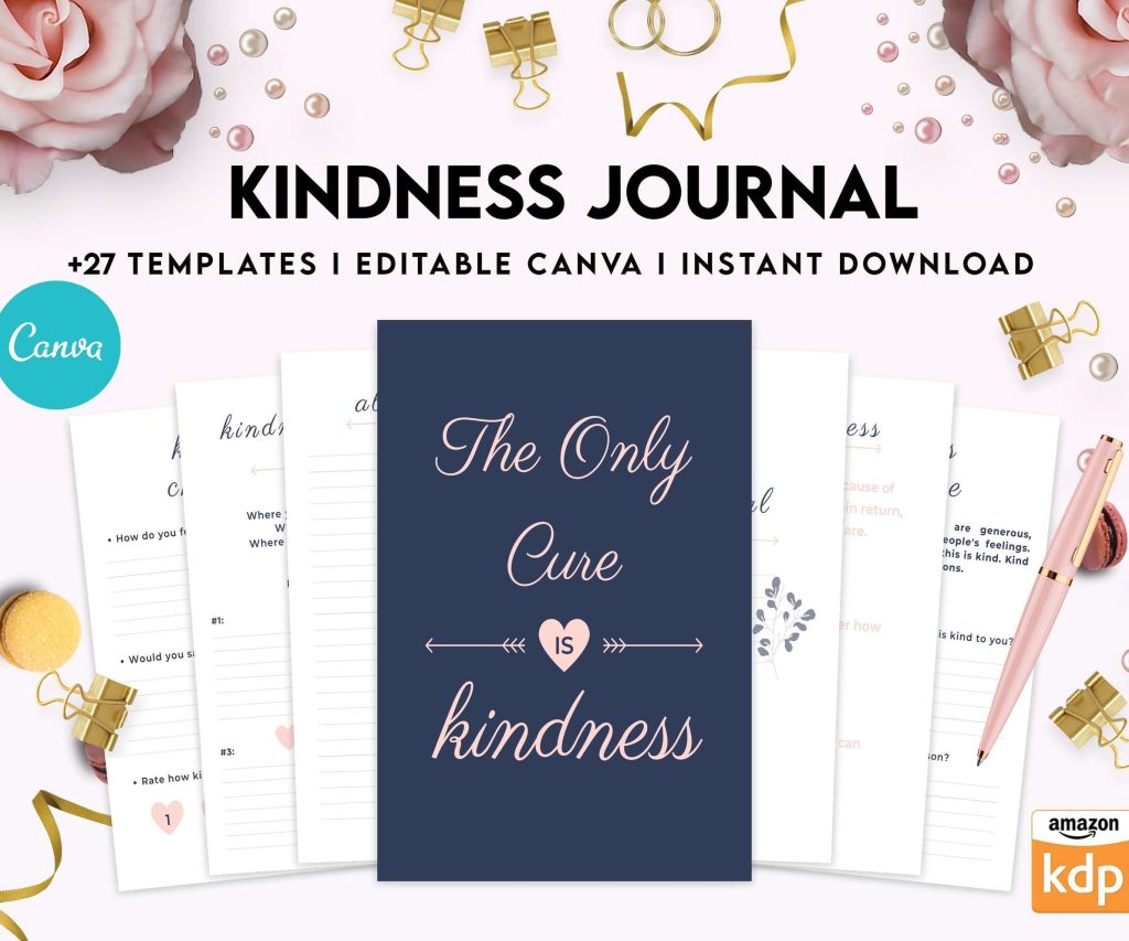 Love Kindness Kindness Journal, act of kindness, therapy journal , self discovery, self esteem, Canva Editable Templates