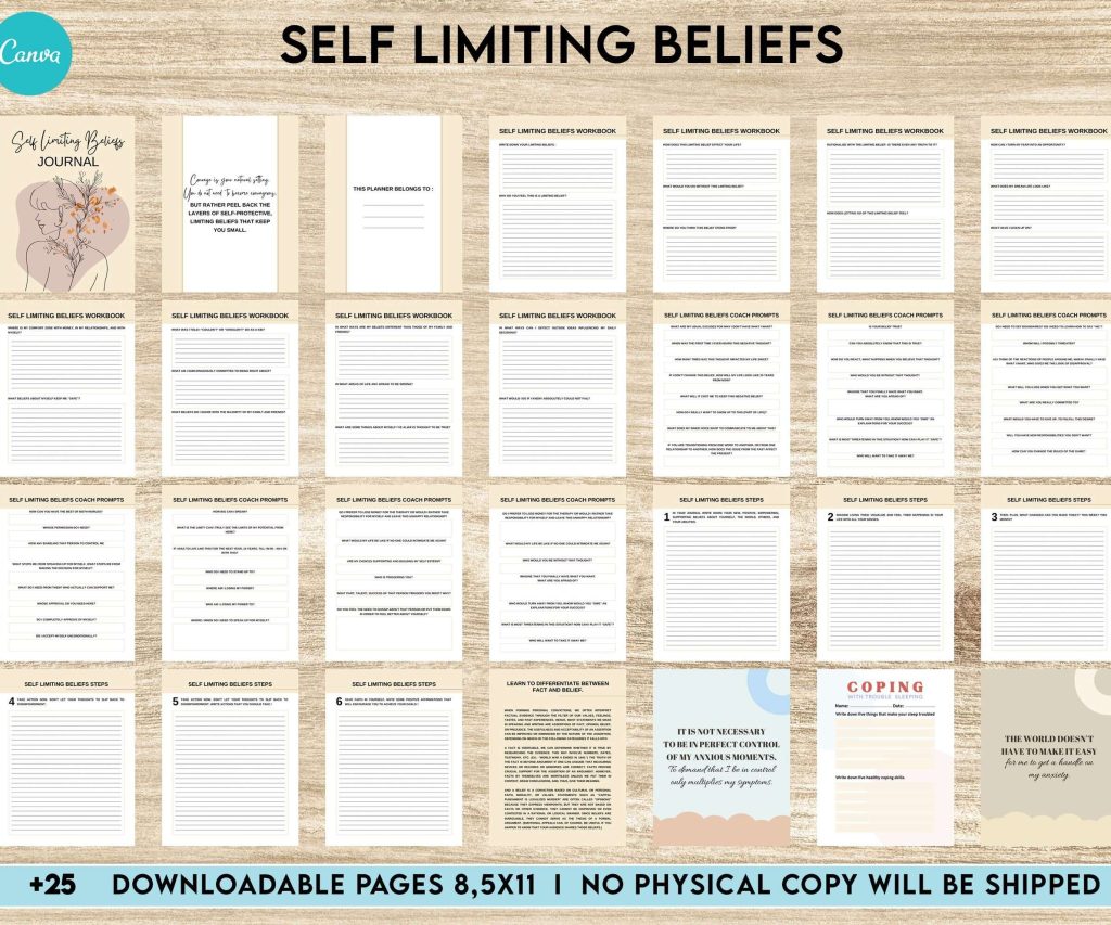 Self Limiting Beliefs, boundaries, self esteem, self confidence Canva Editable Templates
