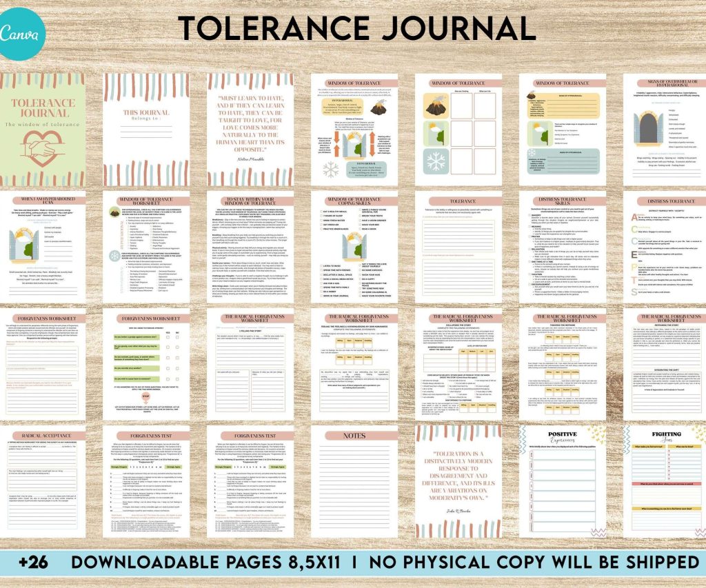 Tolerance Journal, window of tolerance, therapy journal , self discovery, self esteem, Canva Editable Templates