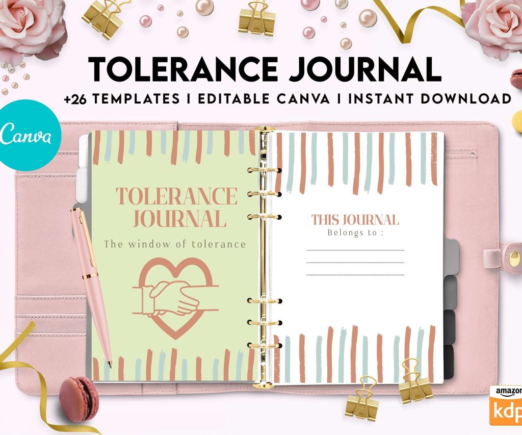Tolerance Journal, window of tolerance, therapy journal , self discovery, self esteem, Canva Editable Templates