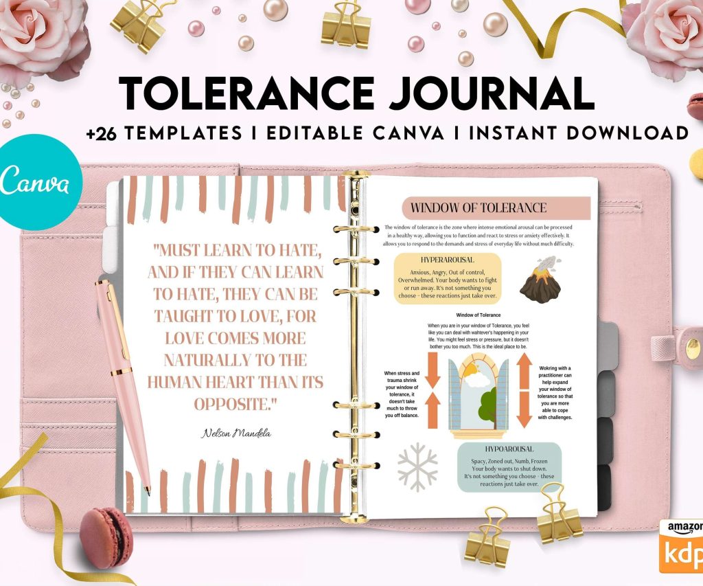 Tolerance Journal, window of tolerance, therapy journal , self discovery, self esteem, Canva Editable Templates