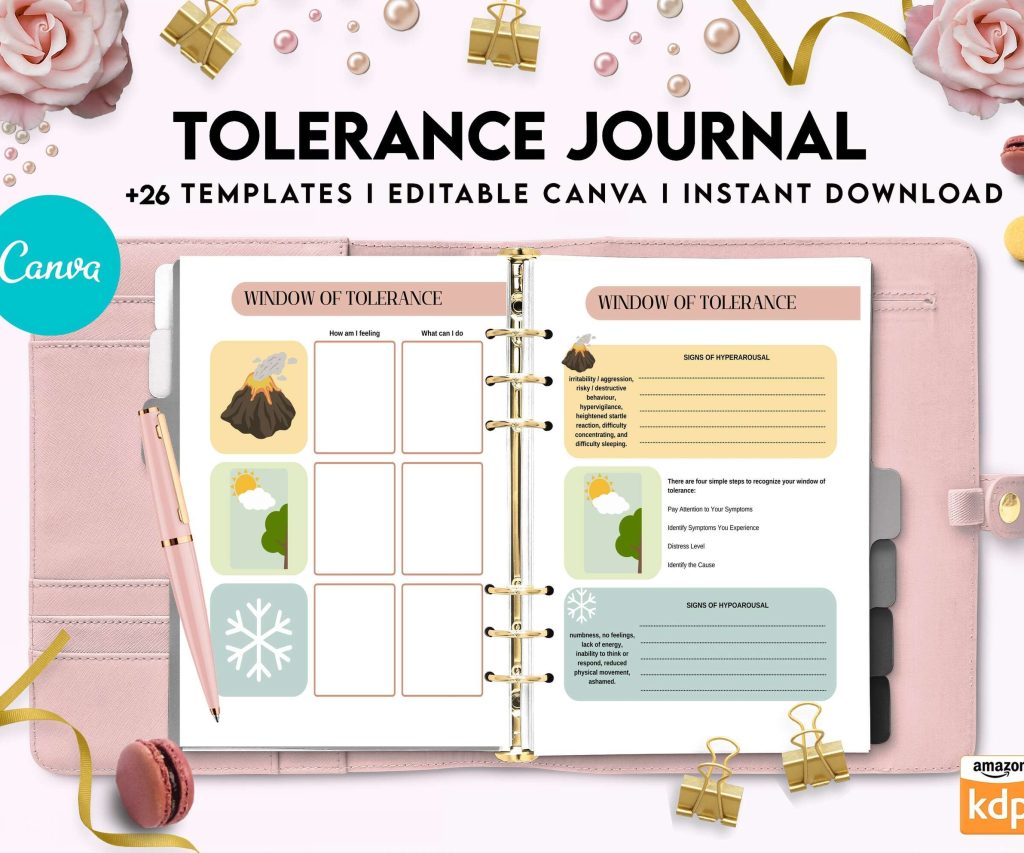 Tolerance Journal, window of tolerance, therapy journal , self discovery, self esteem, Canva Editable Templates