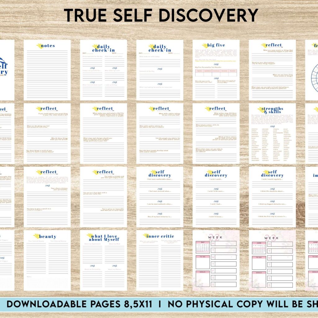True Self Discovery, self esteem, self love journal , self care journal, manifestation Canva Editable Templates