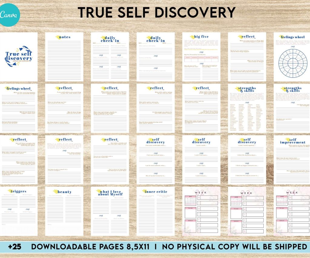 True Self Discovery, self esteem, self love journal , self care journal, manifestation Canva Editable Templates