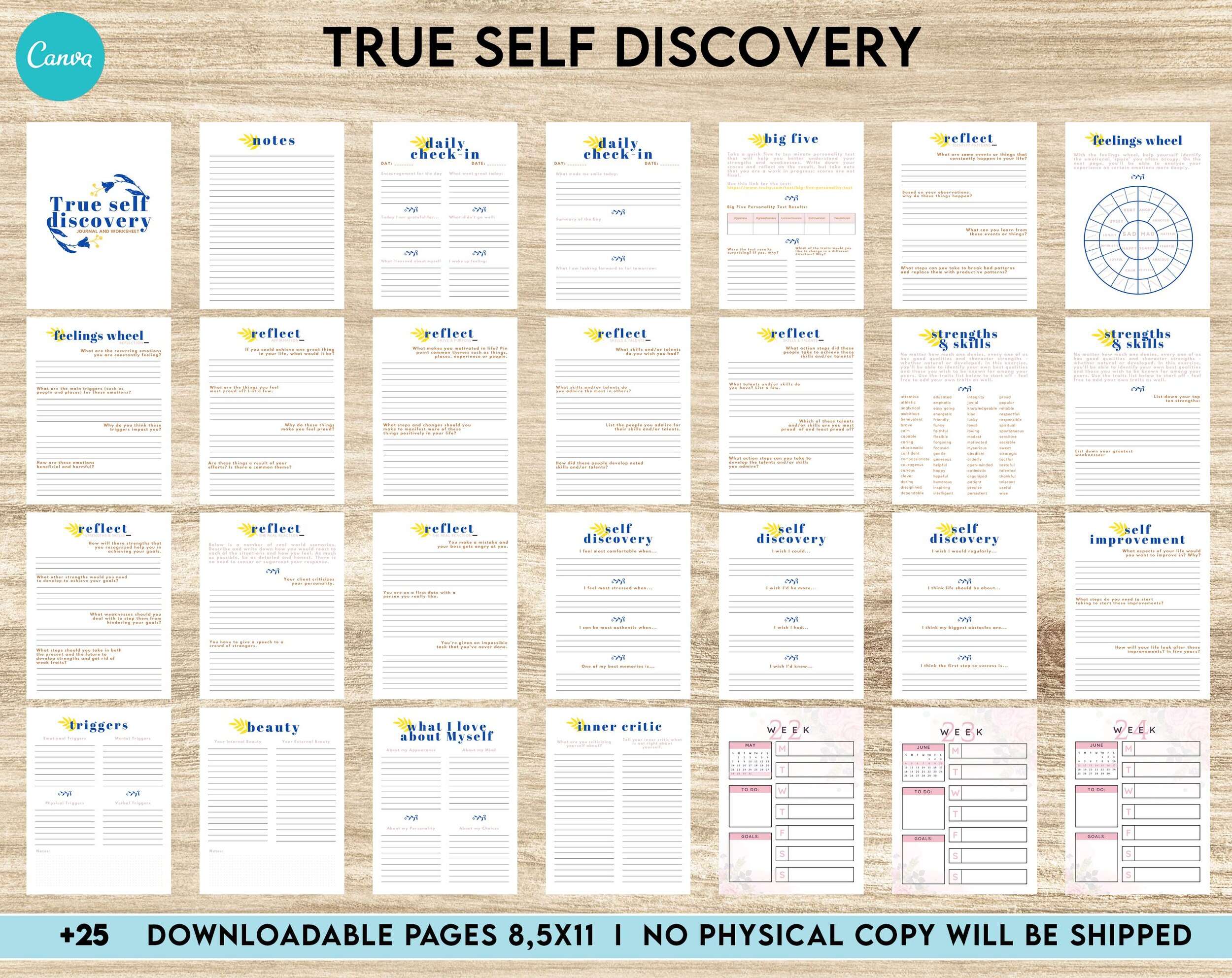 True Self Discovery, self esteem, self love journal , self care journal, manifestation Canva Editable Templates