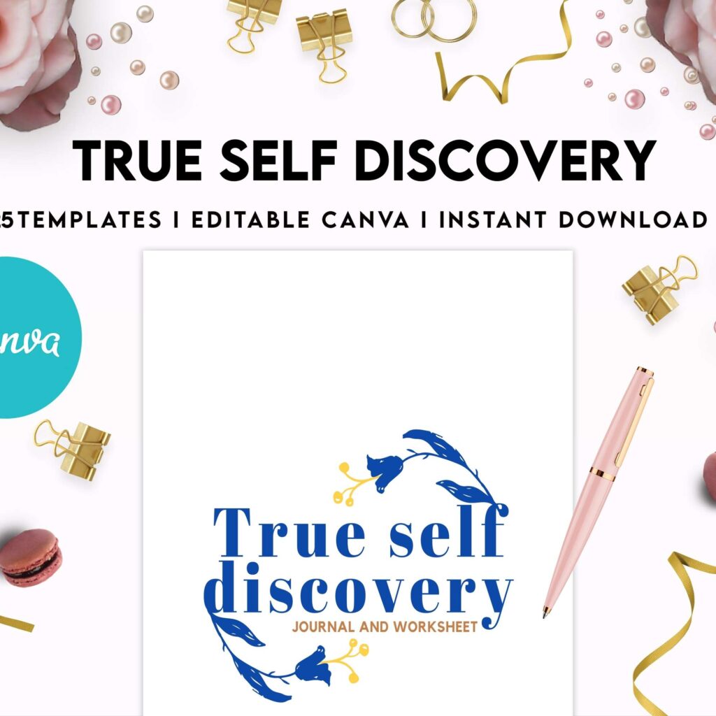 True Self Discovery, self esteem, self love journal , self care journal, manifestation Canva Editable Templates