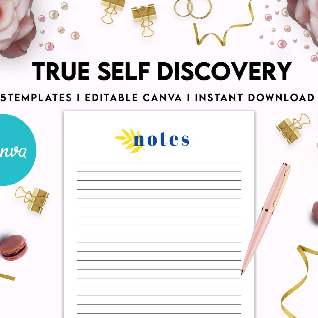 True Self Discovery, self esteem, self love journal , self care journal, manifestation Canva Editable Templates