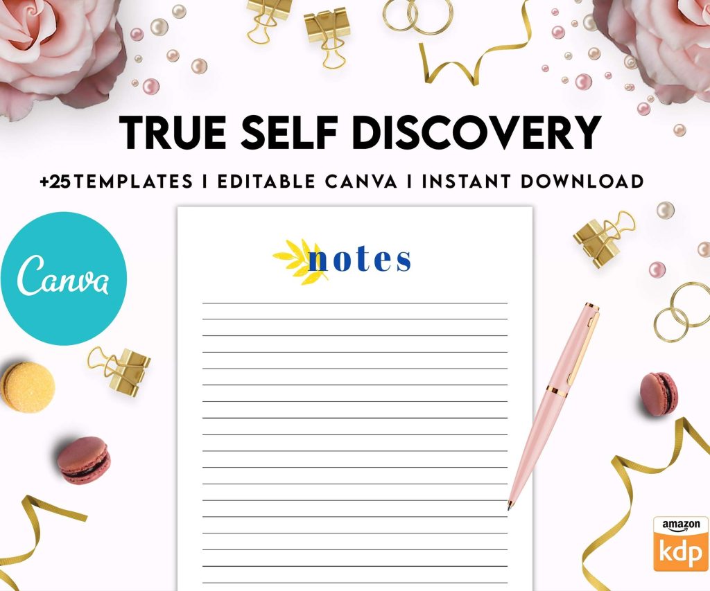 True Self Discovery, self esteem, self love journal , self care journal, manifestation Canva Editable Templates