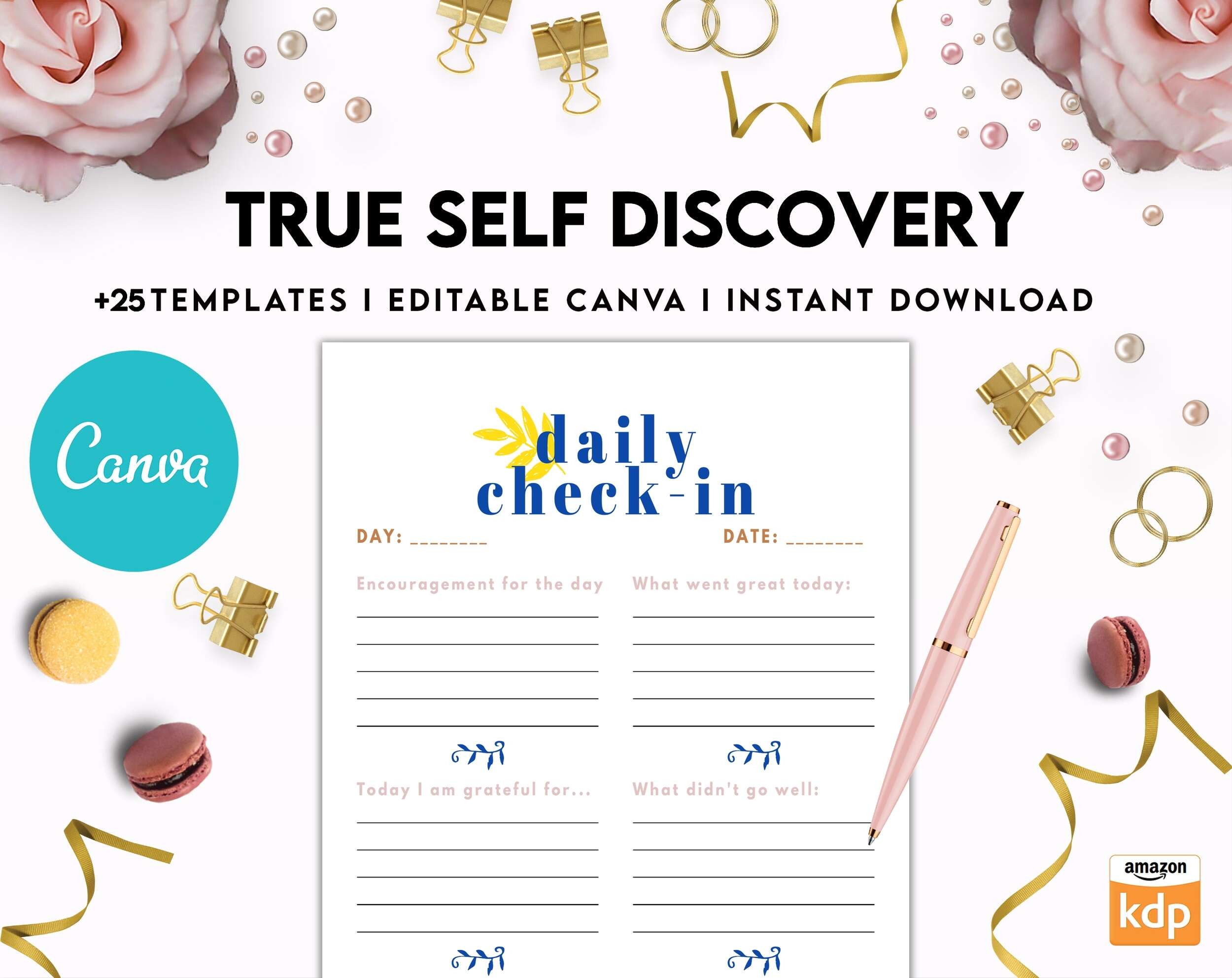 True Self Discovery, self esteem, self love journal , self care journal, manifestation Canva Editable Templates