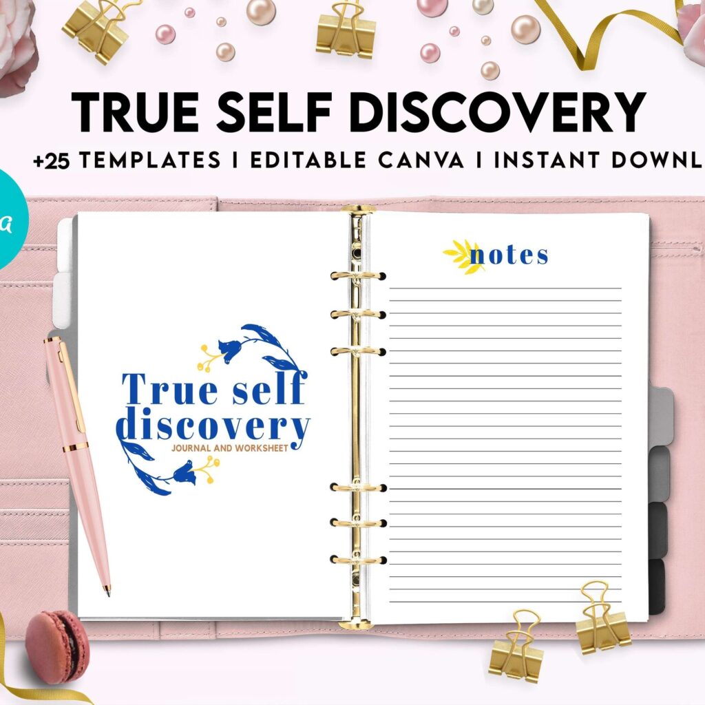 True Self Discovery, self esteem, self love journal , self care journal, manifestation Canva Editable Templates