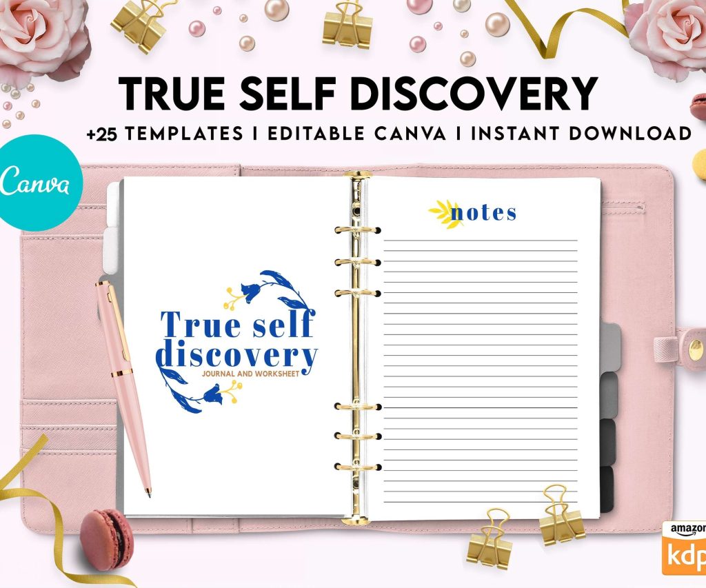 True Self Discovery, self esteem, self love journal , self care journal, manifestation Canva Editable Templates