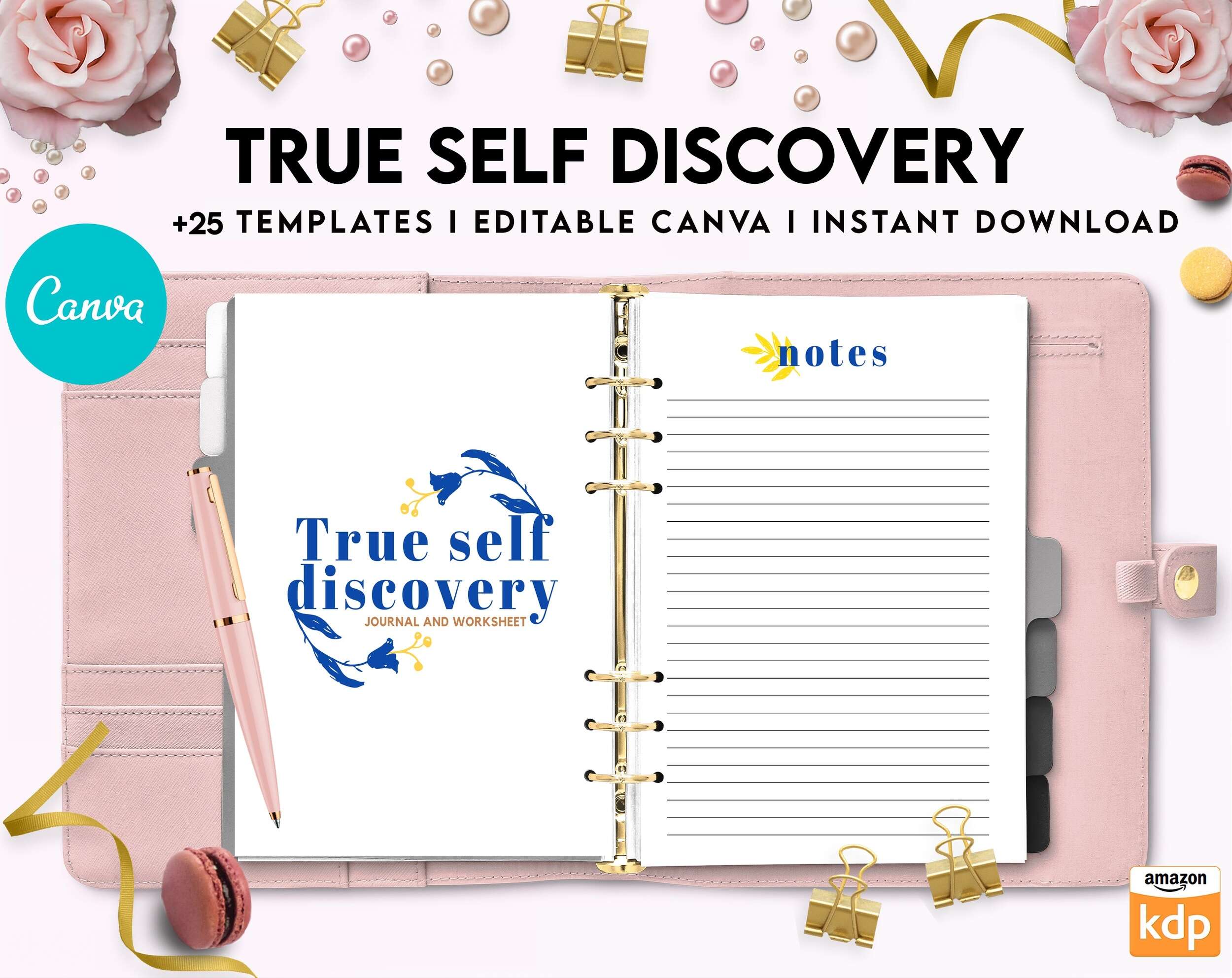 True Self Discovery, self esteem, self love journal , self care journal, manifestation Canva Editable Templates