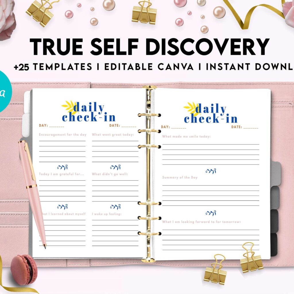 True Self Discovery, self esteem, self love journal , self care journal, manifestation Canva Editable Templates