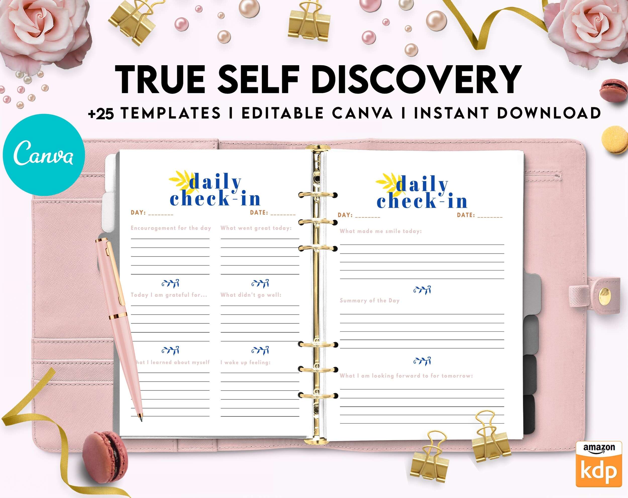 True Self Discovery, self esteem, self love journal , self care journal, manifestation Canva Editable Templates