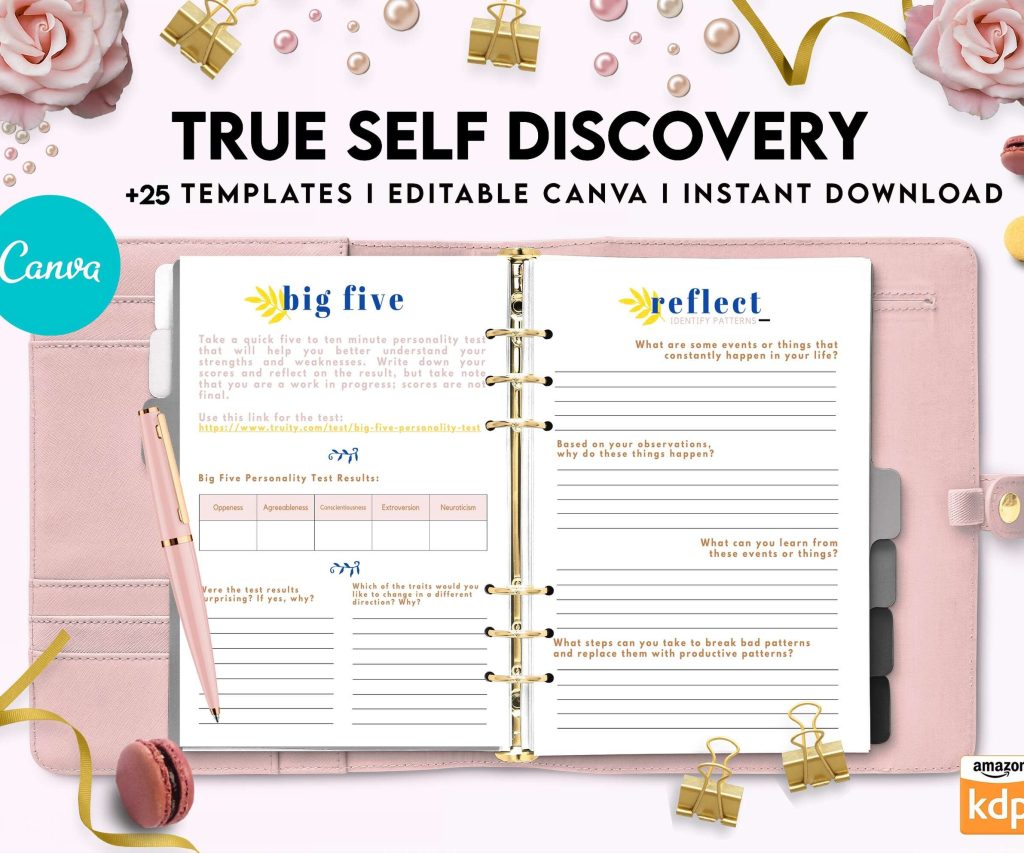 True Self Discovery, self esteem, self love journal , self care journal, manifestation Canva Editable Templates