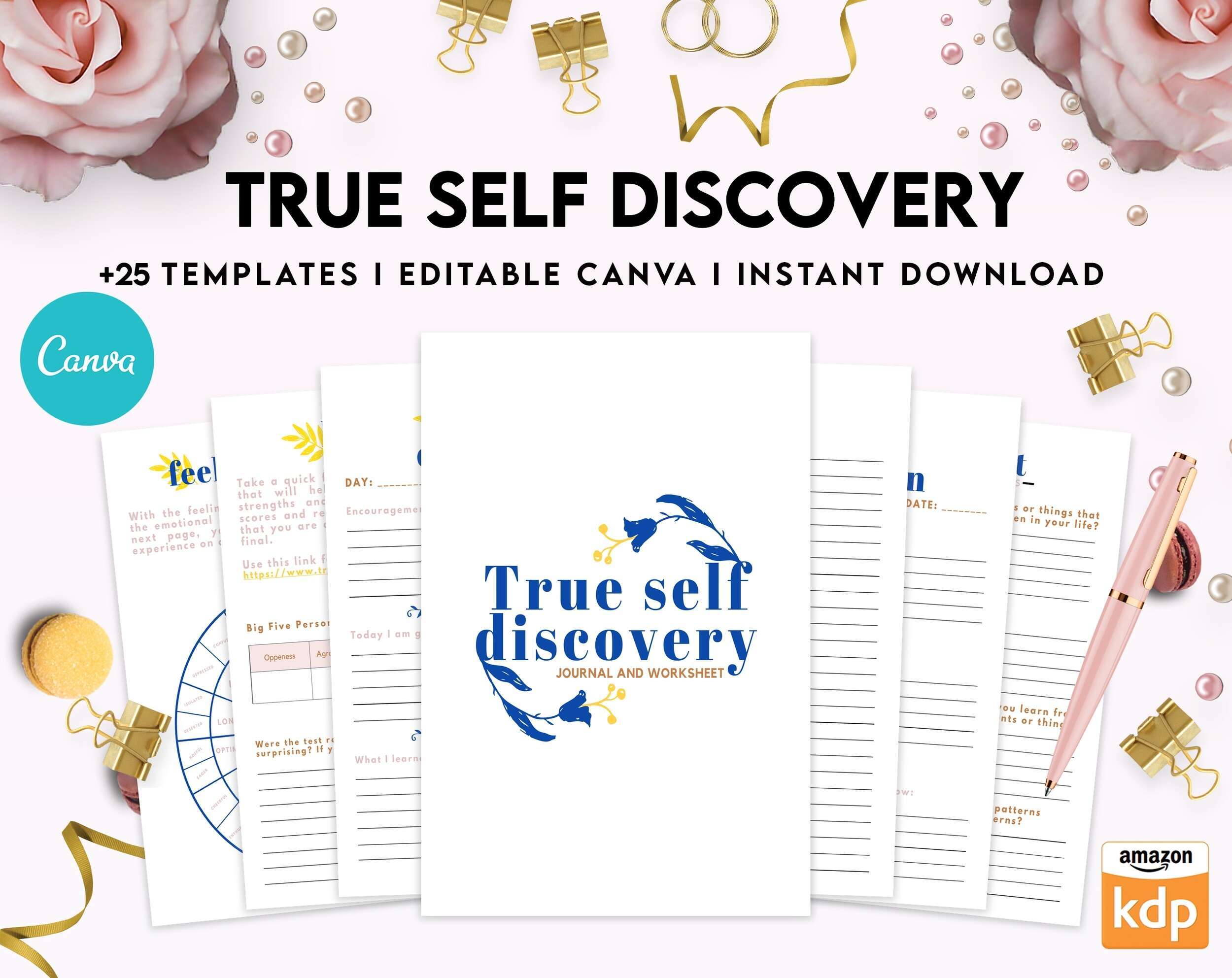 Self Discovery, self esteem, self love journal , self care journal, manifestation Canva Editable Templates