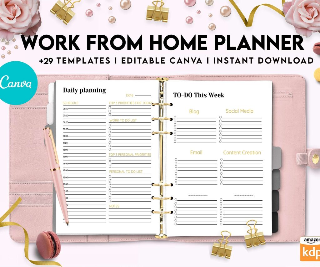 Work From Home Planner, Productivity planner, Working from home, freelancer solopreneur business planner, Canva Editable Templates