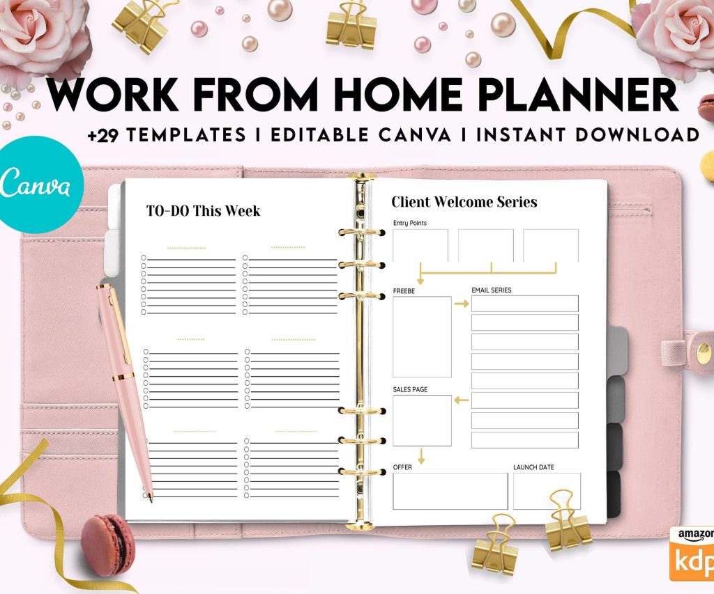 Work From Home Planner, Productivity planner, Working from home, freelancer solopreneur business planner, Canva Editable Templates