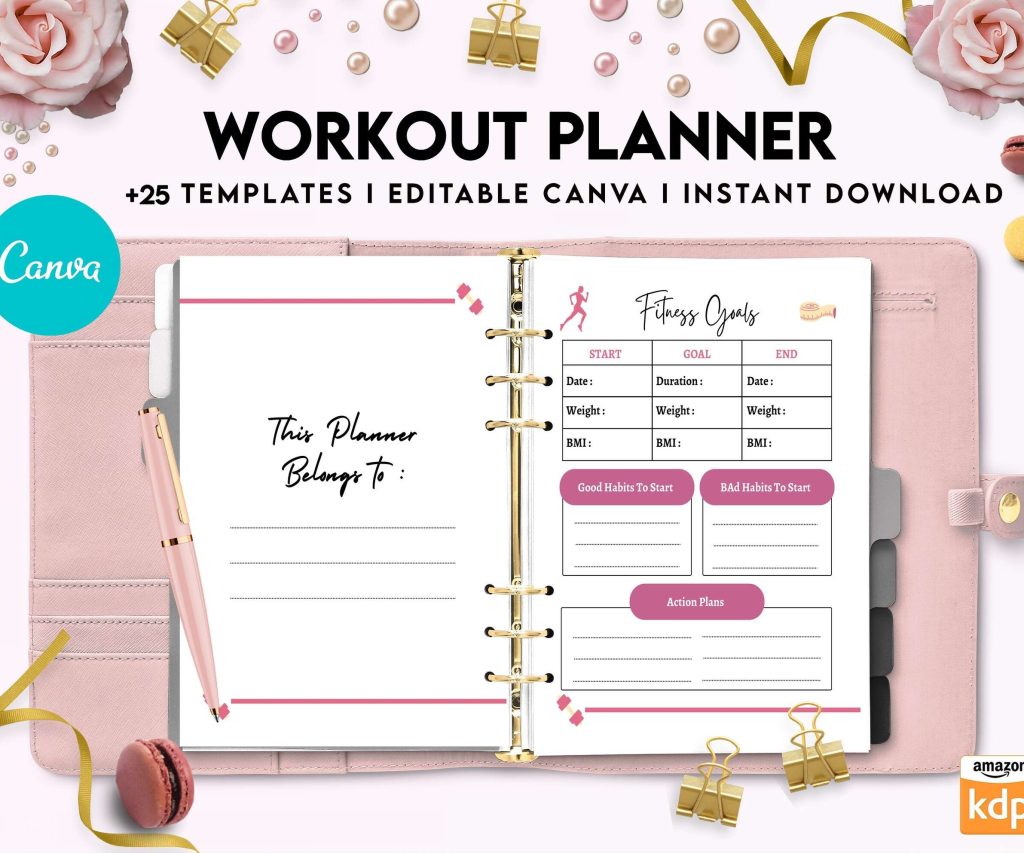 Workout Planner, exercise tracker , Fitness Journal, workout journal, Canva Editable Templates