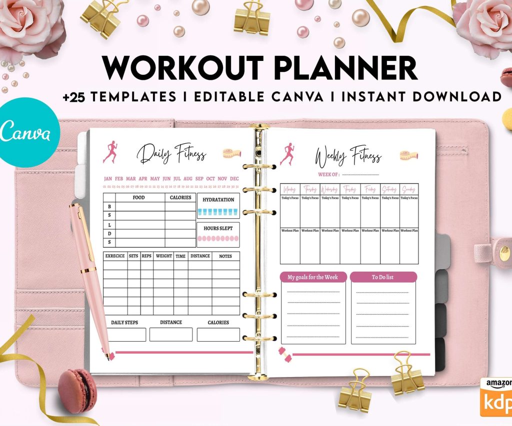 Workout Planner, exercise tracker , Fitness Journal, workout journal, Canva Editable Templates