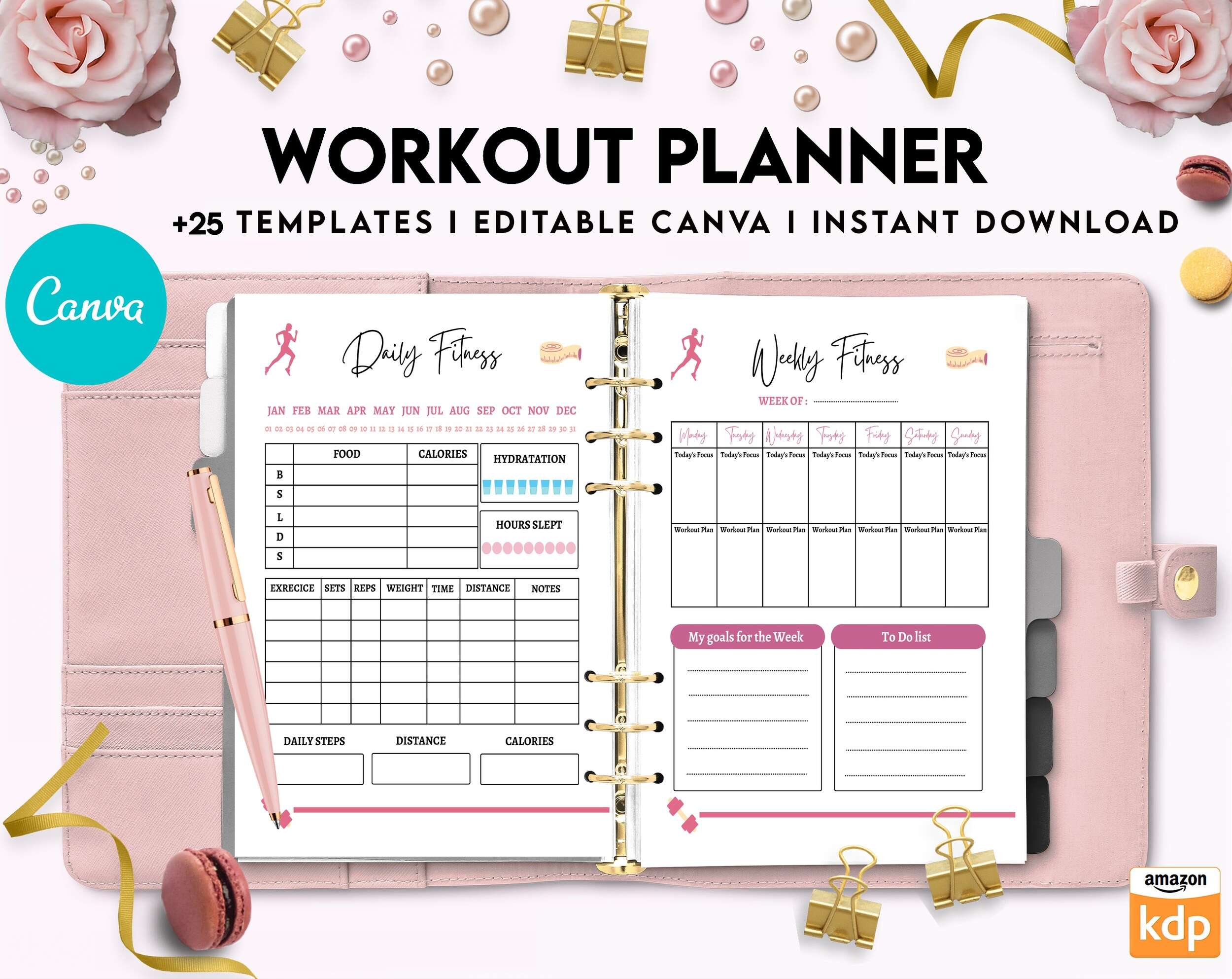 Workout Planner, exercise tracker , Fitness Journal, workout journal, Canva Editable Templates