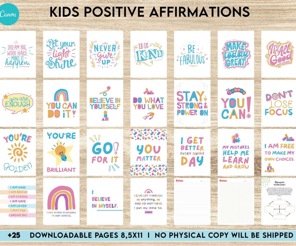 Kids Positive Affirmations, Kids self confidence, kids motivation, kids Encouragement Canva Editable Templates