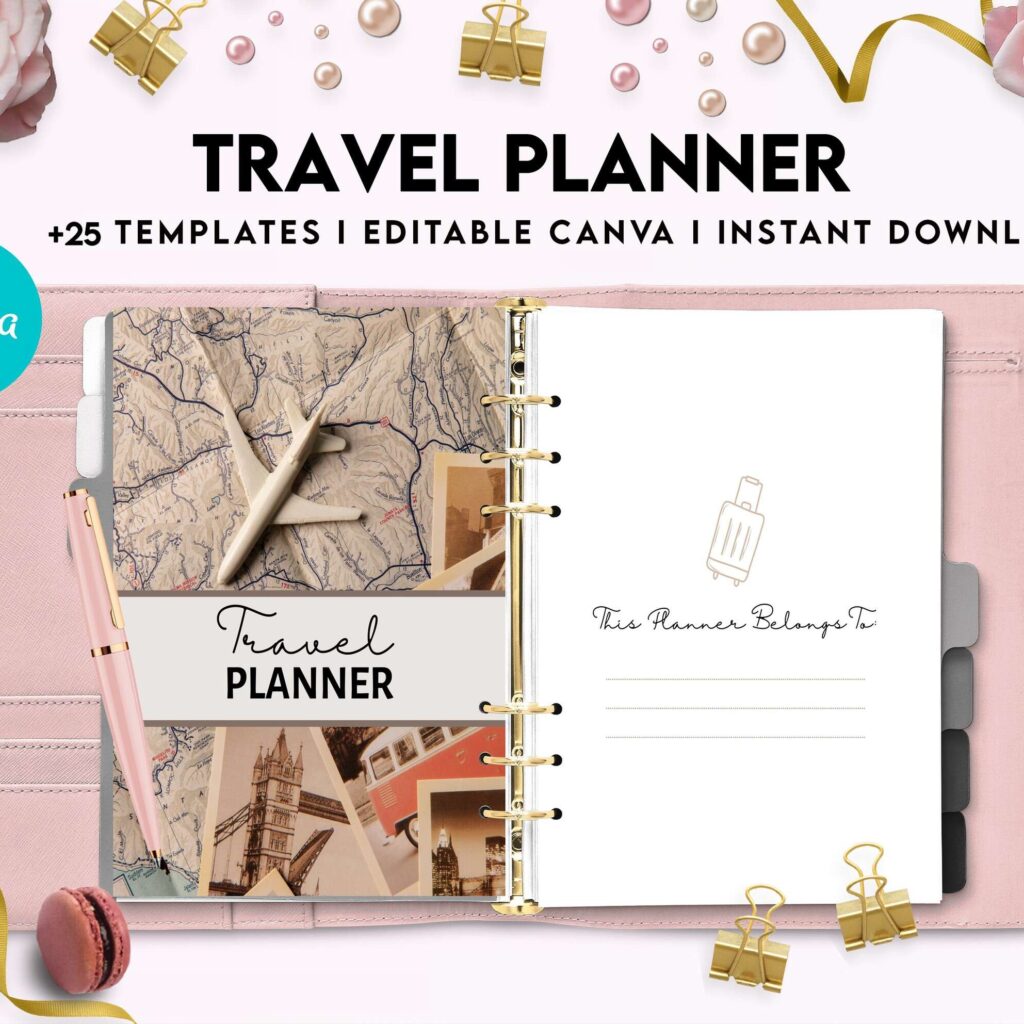 Travel Planner, travel checklist , trip organizer, vacation planner, travel itinerary Canva Editable Templates