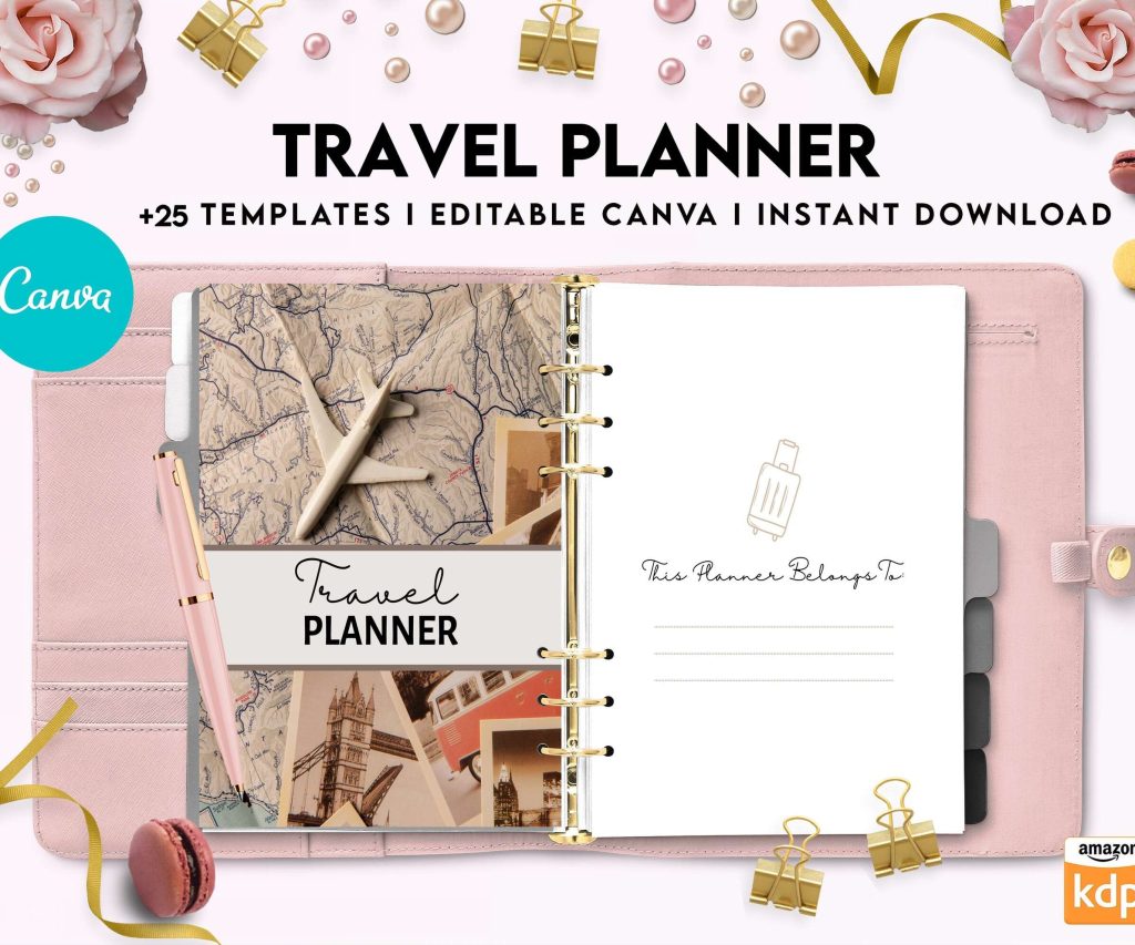 Travel Planner, travel checklist , trip organizer, vacation planner, travel itinerary Canva Editable Templates