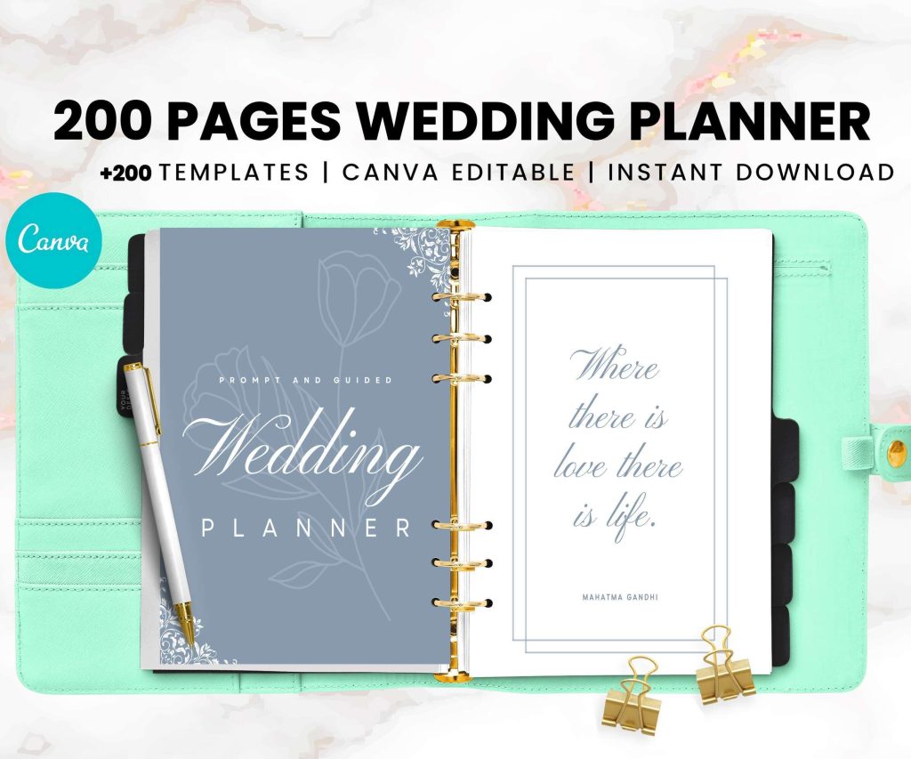 Wedding Planner 200 pages, Wedding Planning Canva Editable Templates.