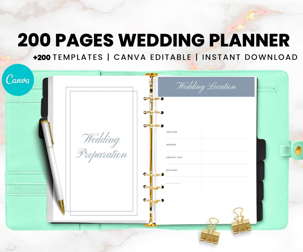 Wedding Planner 200 pages, Wedding Planning Canva Editable Templates.