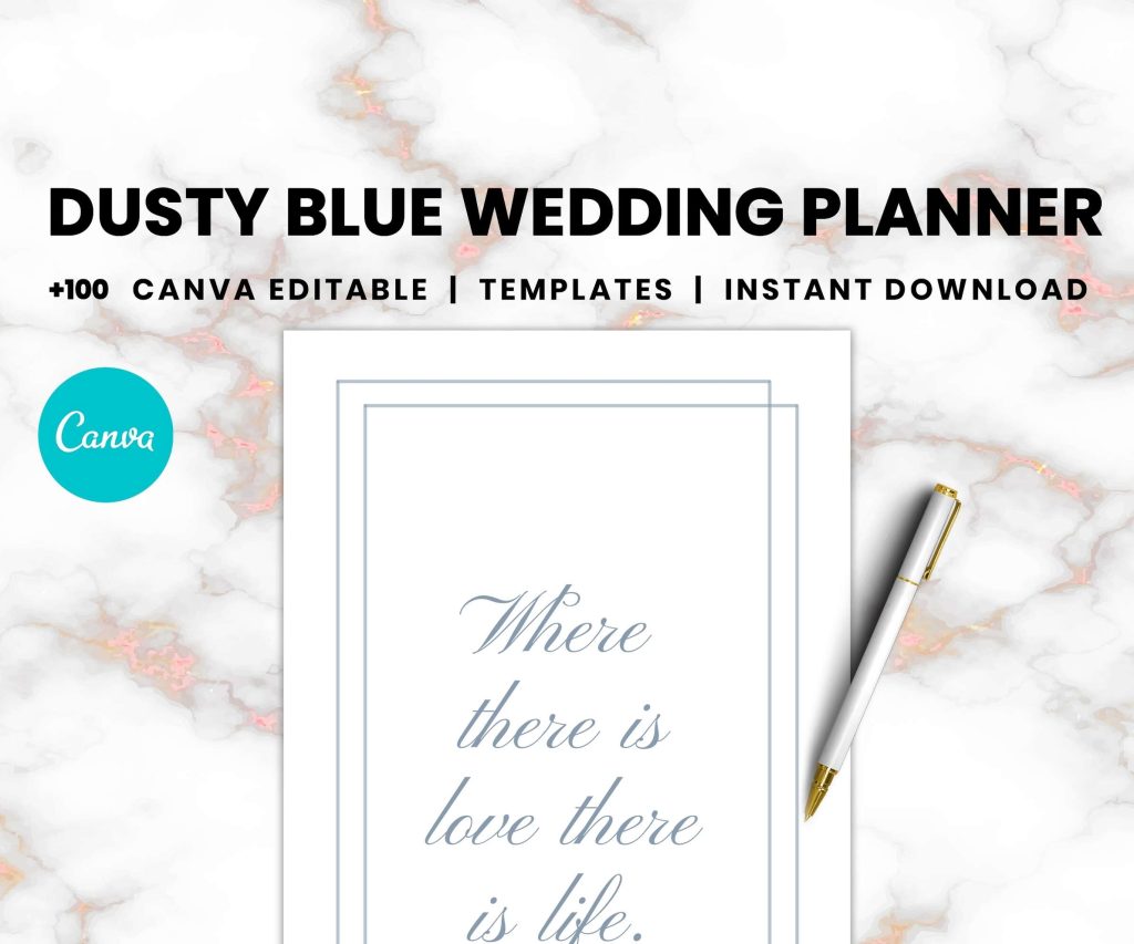 Dusty Blue Wedding Planner 100 Canva Editable Templates