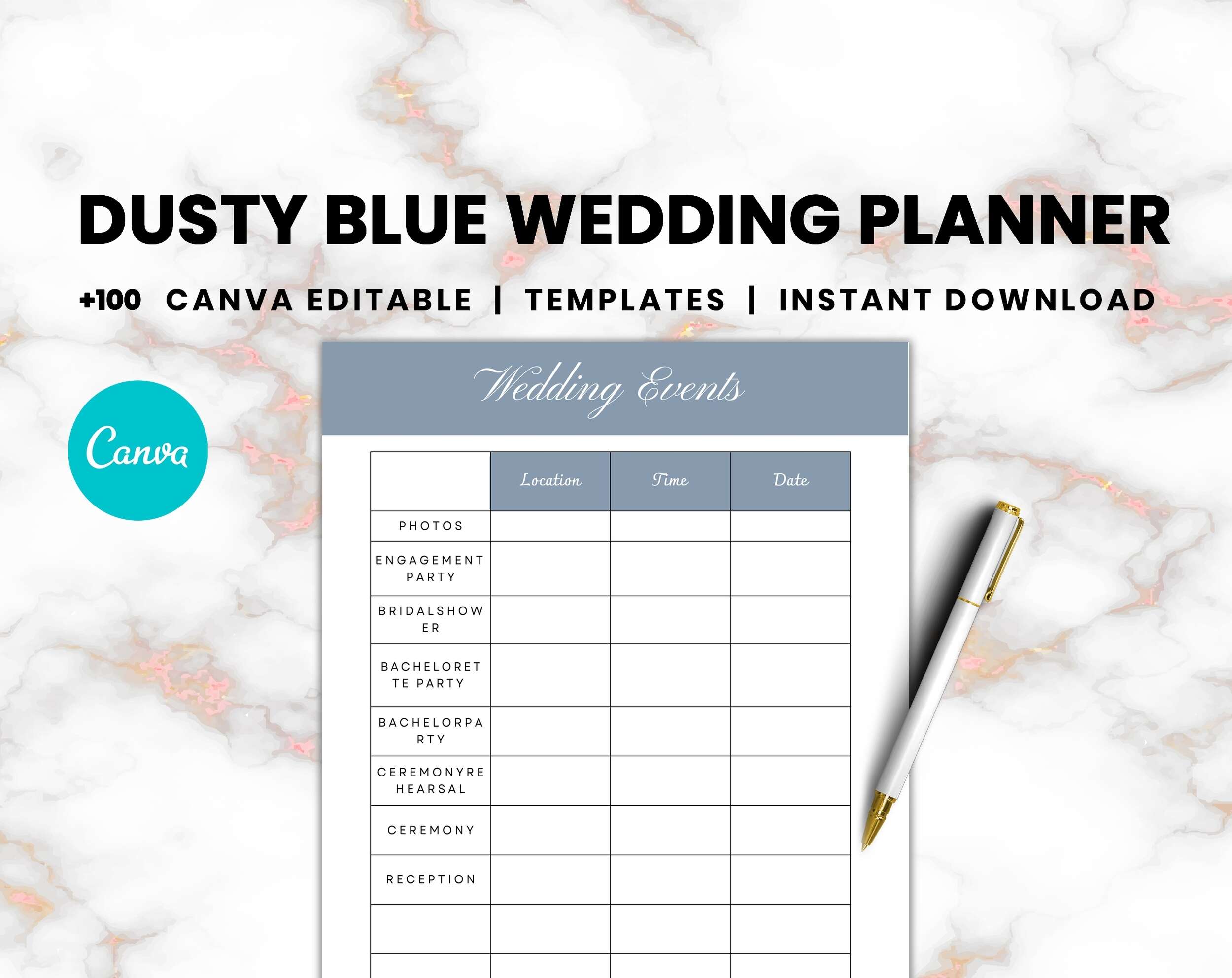Dusty Blue Wedding Planner 100 Canva Editable Templates