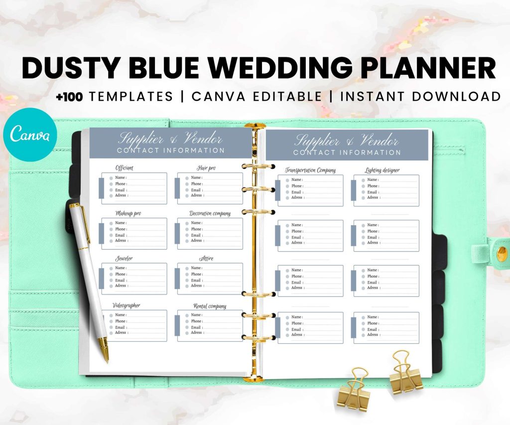 Dusty Blue Wedding Planner 100 Canva Editable Templates