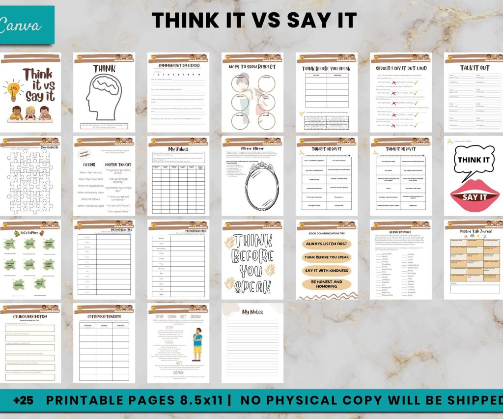 Think it Vs Say it, Communication Journal, Canva Editable Templates.
