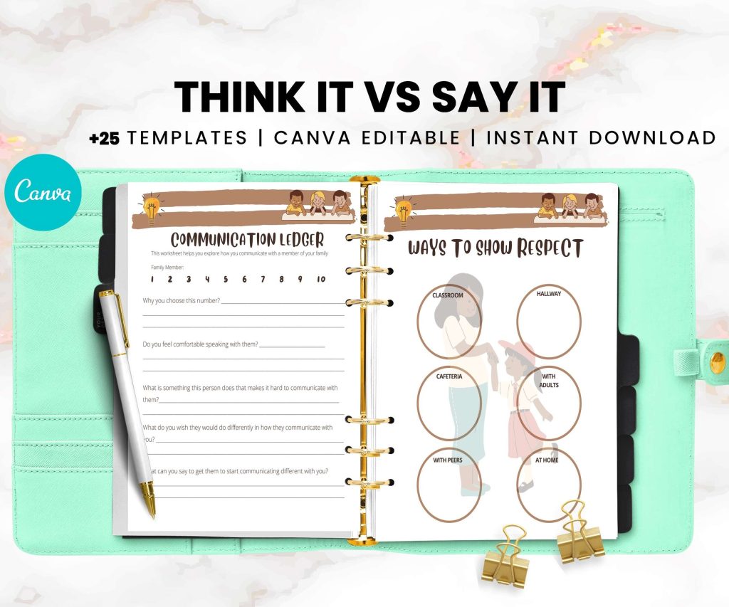 Think it Vs Say it, Communication Journal, Canva Editable Templates.